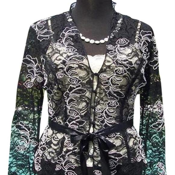 Cache Luxe Black Lace Sheer Illusion Lace Top Jacket White Trim New $228 NWT - Picture 2 of 11